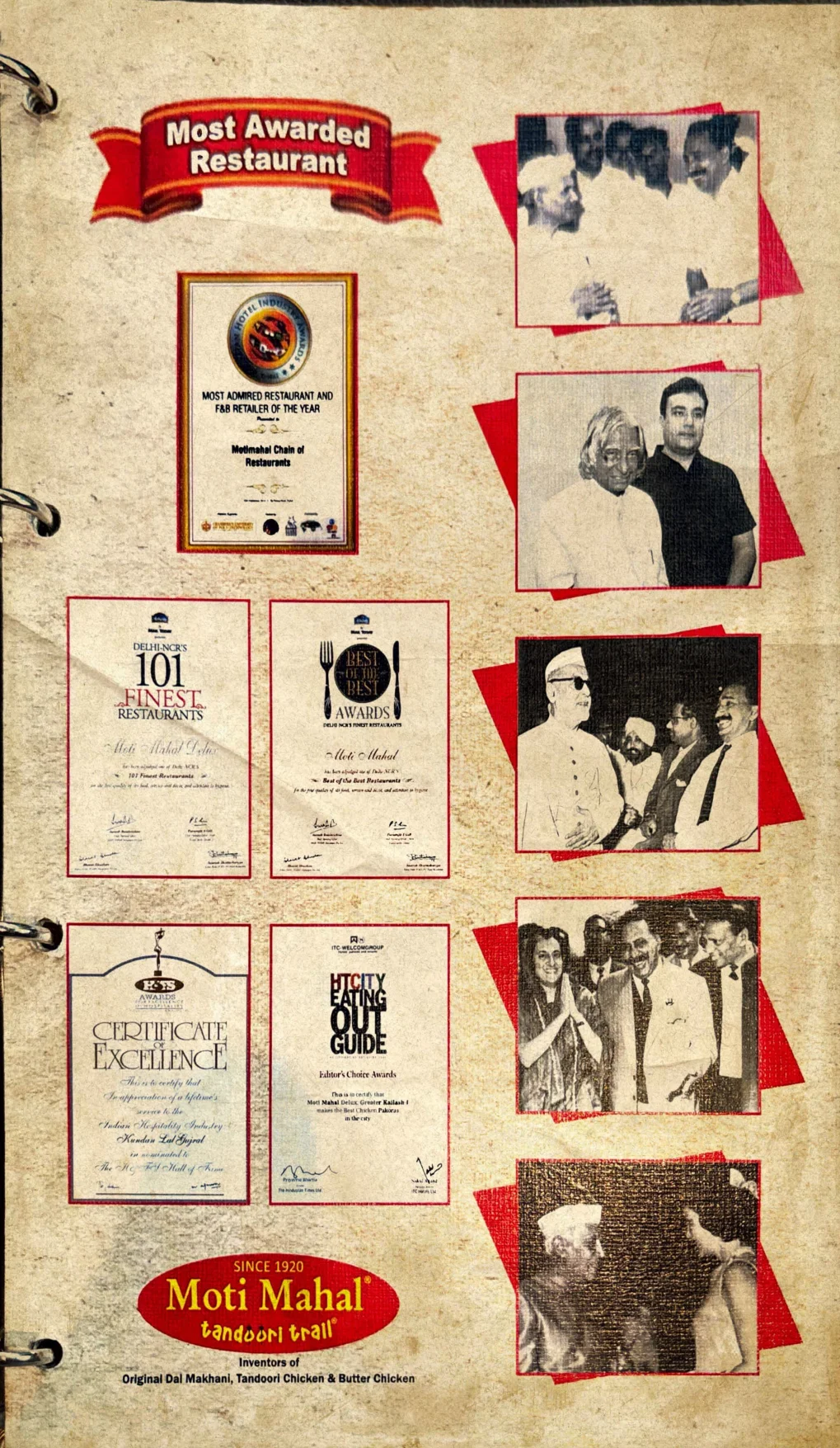 Moti Mahal Menu Page 1 - Awards and Recognitions