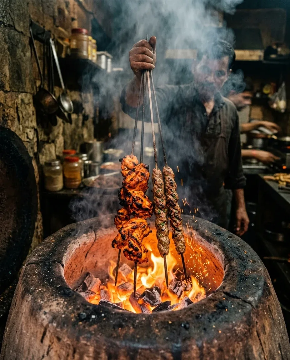 Traditional clay tandoor stoked with natural hardwood charcoal at Moti Mahal Indirapuram